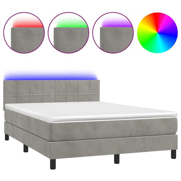 vidaXL Cama box spring colch&oacute;n y LED terciopelo gris claro 140x190 cm