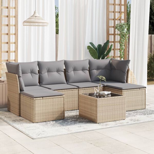 vidaXL Set sof&aacute;s de jard&iacute;n 7 piezas y cojines rat&aacute;n sint&eacute;tico beige