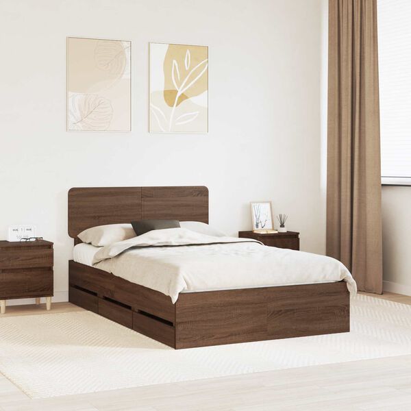 vidaXL Estructura de cama con cabecera Roble marr&oacute;n 135 x 190 cm