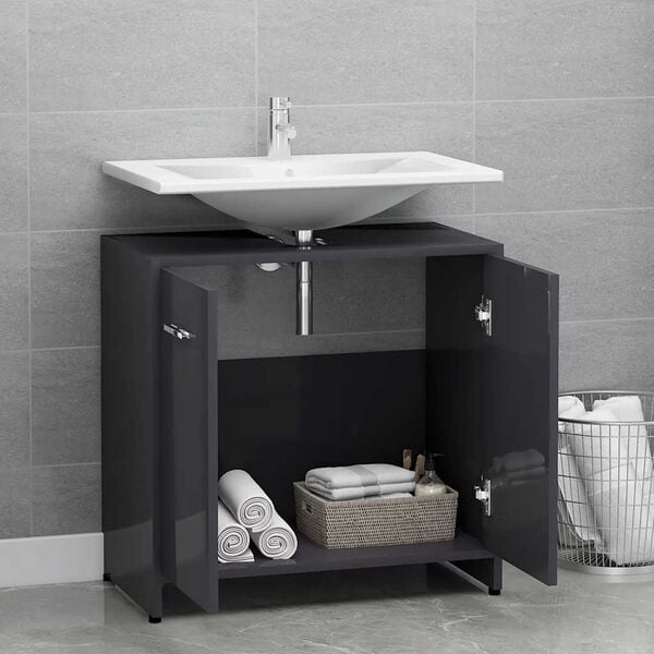 vidaXL Armario de ba&ntilde;o madera contrachapada gris brillo 60x33x61 cm