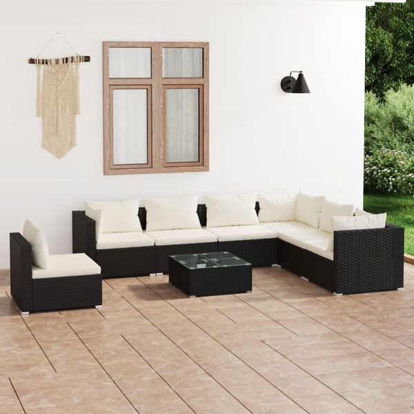 vidaXL Set de muebles de jard&iacute;n 8 pzas y cojines rat&aacute;n sint&eacute;tico negro