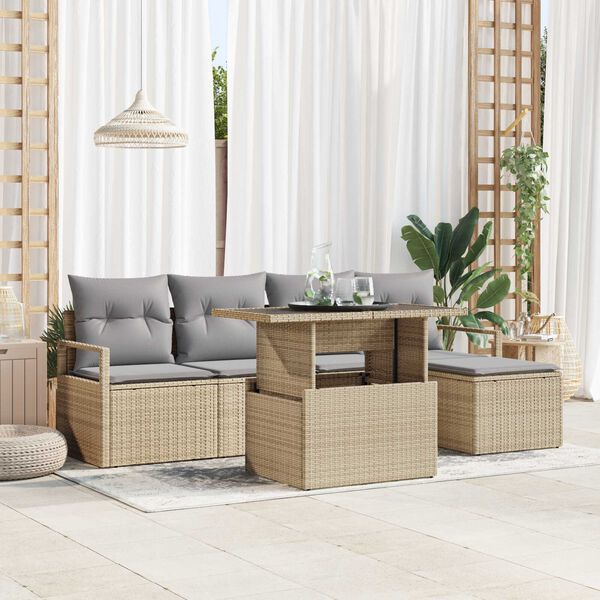 vidaXL Conjunto de sof&aacute; de jard&iacute;n 6 pcs Beige Polirat&aacute;n