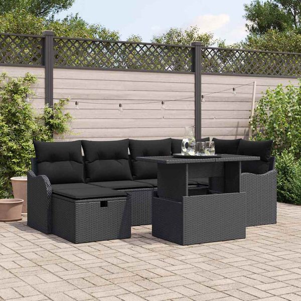 vidaXL Conjunto de sof&aacute; de jard&iacute;n con coj&iacute;n 7 pcs Negro Polirat&aacute;n