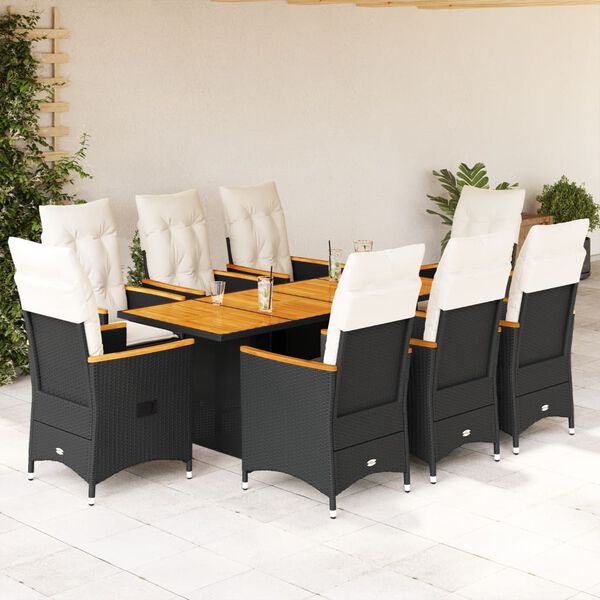 vidaXL Set de comedor de jard&iacute;n 9 pzas y cojines rat&aacute;n sint&eacute;tico negro
