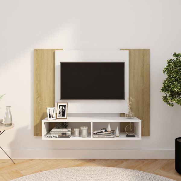 vidaXL Mueble TV de pared contrachapado blanco y roble 120x23,5x90 cm