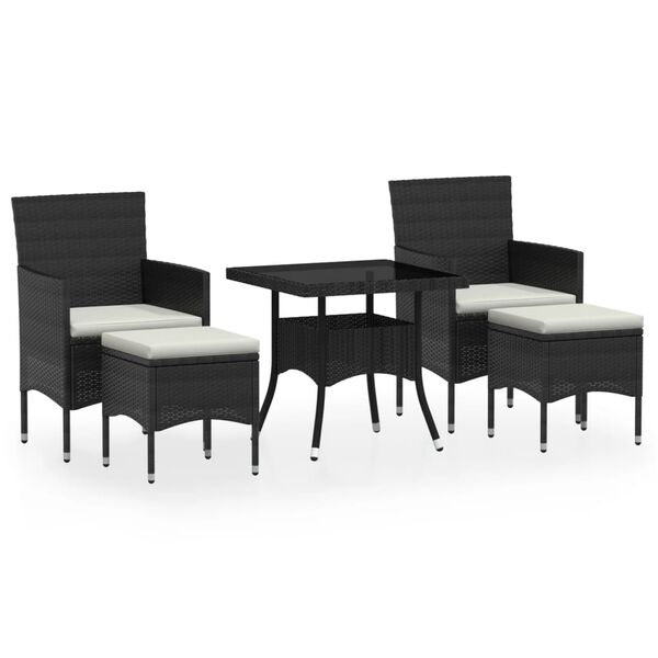 vidaXL Set comedor jard&iacute;n 5 pzas rat&aacute;n sint&eacute;tico vidrio templado negro