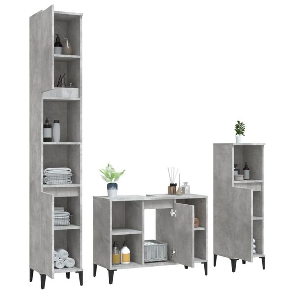 vidaXL Set muebles de ba&ntilde;o 3 piezas madera contrachapada gris hormig&oacute;n