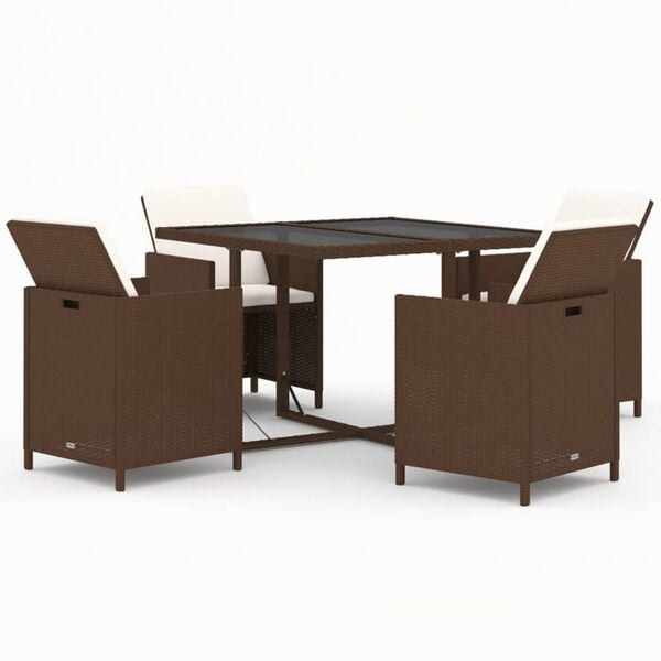 vidaXL Set comedor de jard&iacute;n 5 pzas con cojines rat&aacute;n sint&eacute;tico marr&oacute;n