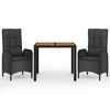 vidaXL Set comedor de jard&iacute;n 3 pzas con cojines rat&aacute;n sint&eacute;tico negro