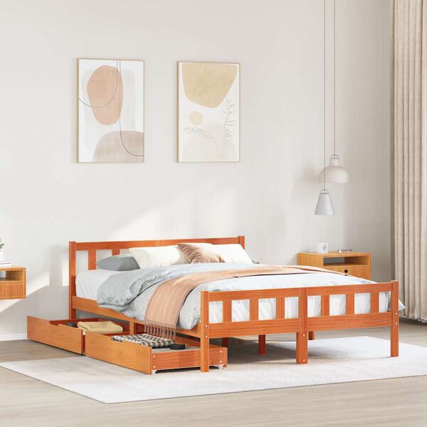 vidaXL Cama sin colch&oacute;n madera maciza de pino marr&oacute;n cera 160x200 cm
