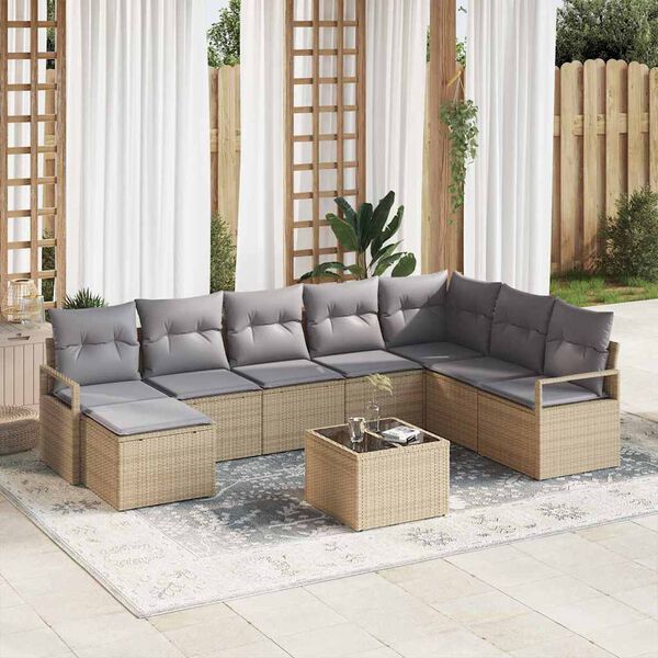 vidaXL Conjunto de sof&aacute; de jard&iacute;n 9 pcs Beige Polirat&aacute;n