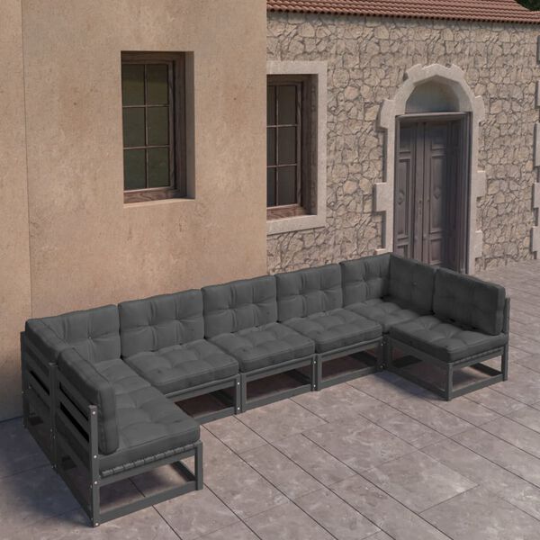 vidaXL Set de muebles de jard&iacute;n 7 pzas con cojines madera pino negro