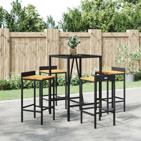 vidaXL Mesa bar y taburetes jard&iacute;n 5 pzas madera acacia rat&aacute;n PE negro