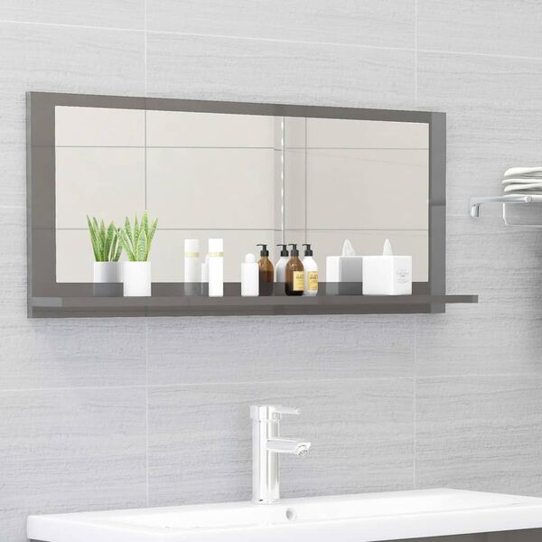 vidaXL Espejo de ba&ntilde;o madera contrachapada gris brillo 90x10,5x37 cm
