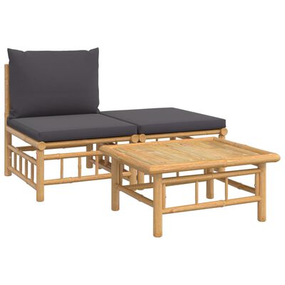 vidaXL Set de muebles de jardín 3 piezas bambú con cojines gris oscuro