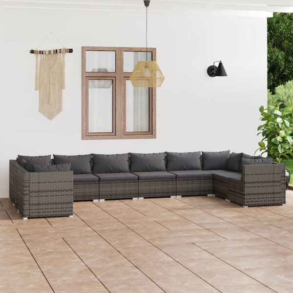 vidaXL Set de muebles de jard&iacute;n 10 pzas y cojines rat&aacute;n sint&eacute;tico gris