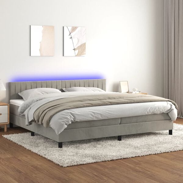 vidaXL Cama box spring colch&oacute;n y LED terciopelo gris claro 200x200 cm