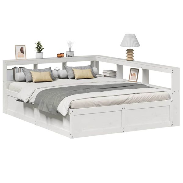 vidaXL Cama con estanter&iacute;a sin colch&oacute;n madera maciza blanca 150x200 cm