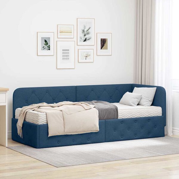 vidaXL Estructura de cama en esquina con colch&oacute;n Azul 80 x 200 cm tela