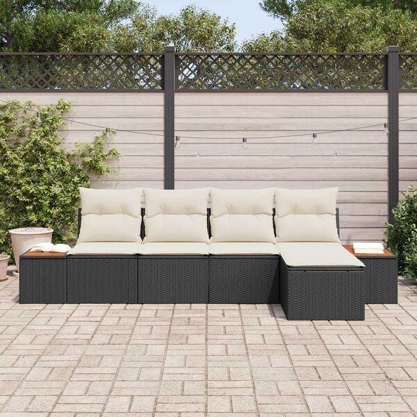 vidaXL Conjunto de sofás de jardín con cojín 5 pcs Negro Poliratán