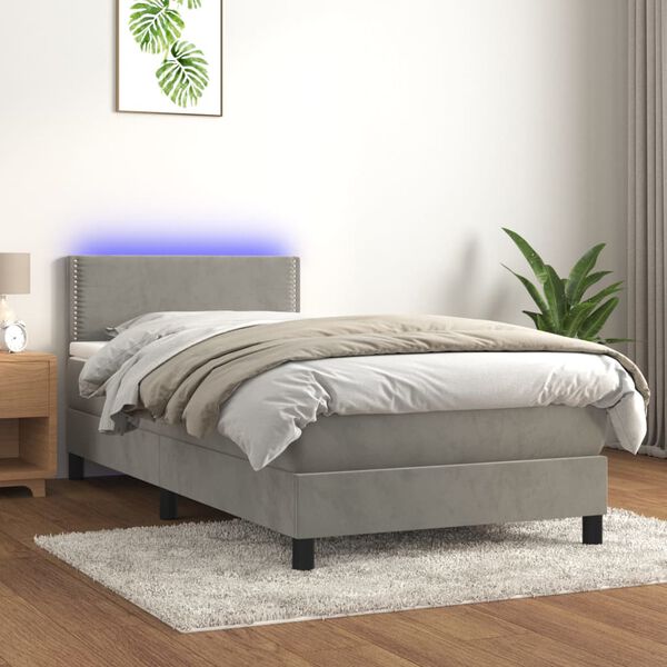 vidaXL Cama box spring colch&oacute;n y LED terciopelo gris claro 90x190 cm