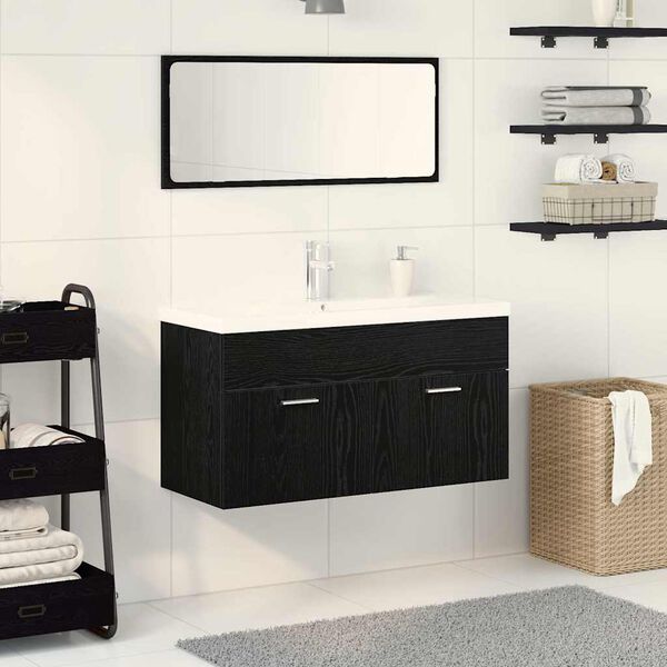 vidaXL Juego de muebles de ba&ntilde;o 3 pcs Roble Negro Madera de ingenier&iacute;a