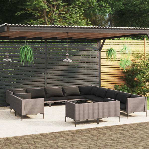 vidaXL Muebles de jard&iacute;n 13 pzas y cojines rat&aacute;n sint&eacute;tico gris oscuro
