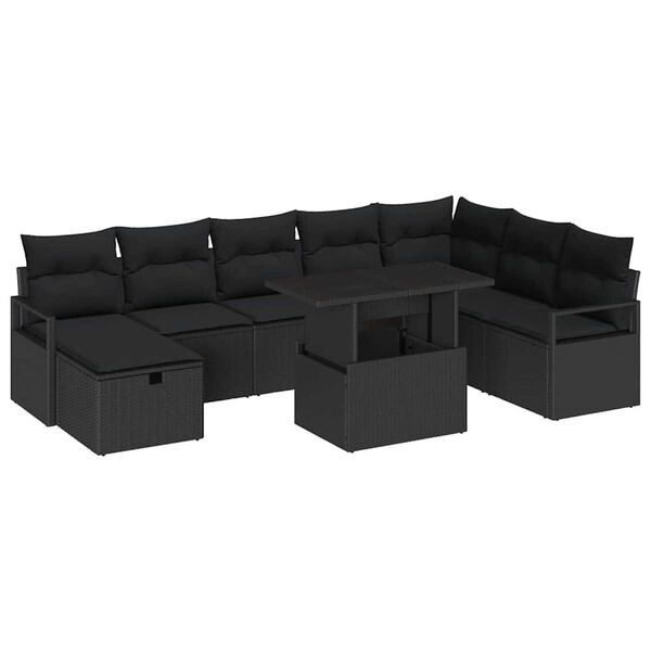 vidaXL Conjunto de sof&aacute; de jard&iacute;n con coj&iacute;n 9 pcs Negro Polirat&aacute;n