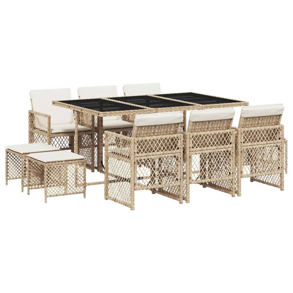 vidaXL Set comedor de jard&iacute;n 11 pzas con cojines rat&aacute;n sint&eacute;tico beige