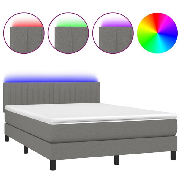 vidaXL Cama box spring colch&oacute;n y luces LED tela gris oscuro 140x190 cm