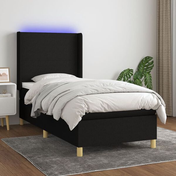 vidaXL Cama box spring colch&oacute;n y luces LED tela negro 90x190 cm