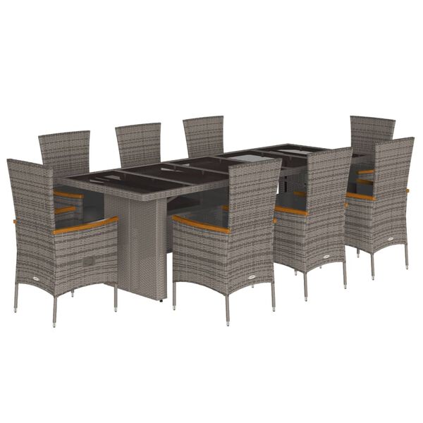 vidaXL Set comedor jard&iacute;n 9 pzas y cojines rat&aacute;n sint&eacute;tico gris