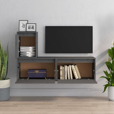 vidaXL Muebles para TV 3 piezas madera maciza de pino gris
