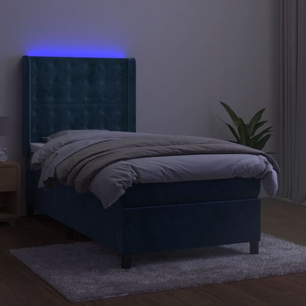 vidaXL Cama box spring colch&oacute;n y LED terciopelo azul oscuro 90x200 cm