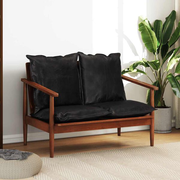 vidaXL Sofá de 2 plazas madera maciza acacia y cuero auténtico negro