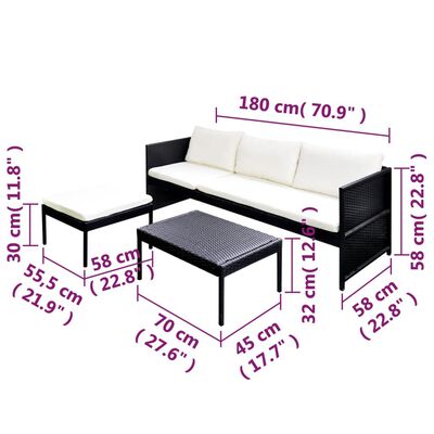 vidaXL Set de muebles de jardín y cojines 3 pzas ratán sintético negro