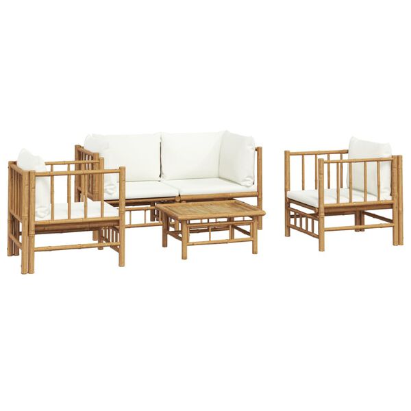 vidaXL Set de muebles de jardín 5 piezas bambú y cojines blanco crema