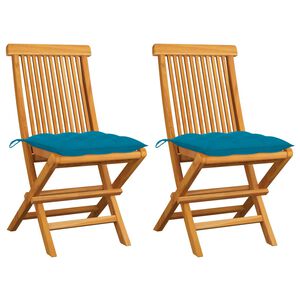 vidaXL Sillas plegables con cojines azul claro, 2 unidades, madera maciza de teca.