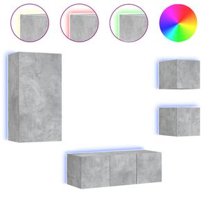vidaXL Muebles TV pared con LED 5 pzas madera ingenier&iacute;a gris hormig&oacute;n