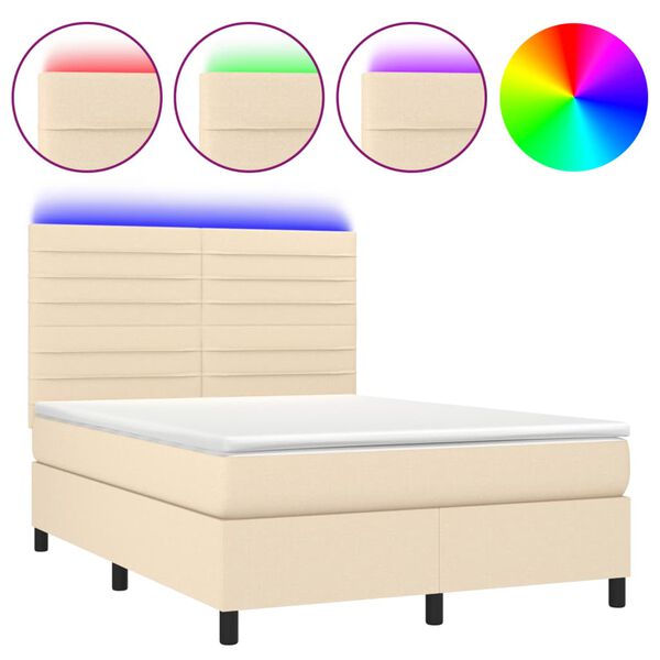 vidaXL Cama box spring colch&oacute;n y luces LED tela crema 140x200 cm
