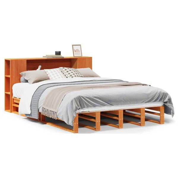vidaXL Cama con estanter&iacute;a sin colch&oacute;n madera maciza marr&oacute;n 140x190 cm