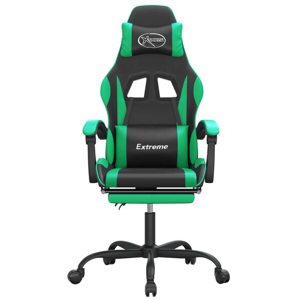 vidaXL Silla gaming giratoria y reposapiés cuero sintético negro verde