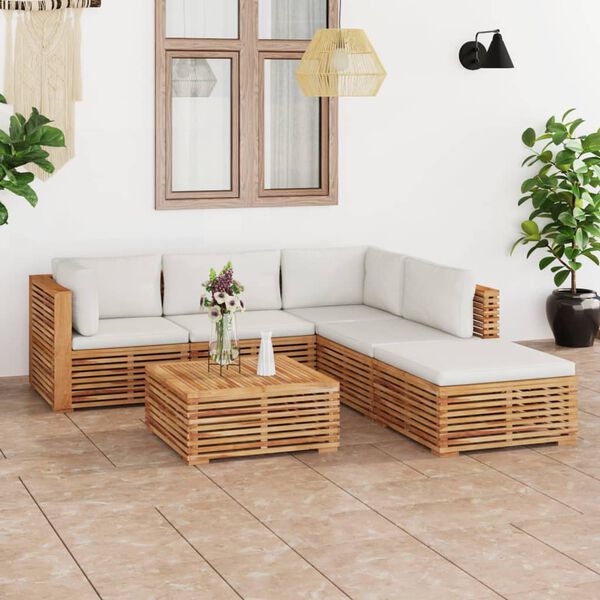 vidaXL Muebles de jard&iacute;n 6 piezas madera maciza teca con cojines crema