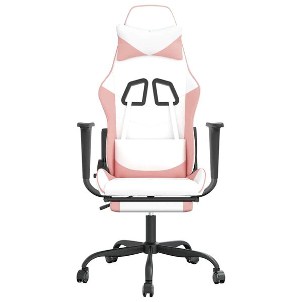 vidaXL Silla gaming masaje y reposapiés cuero sintético blanco y rosa