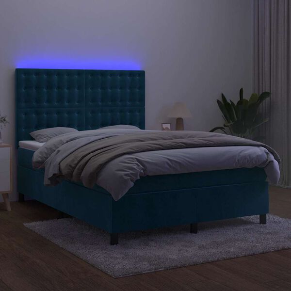 vidaXL Cama box spring colch&oacute;n y LED terciopelo azul oscuro 140x190 cm