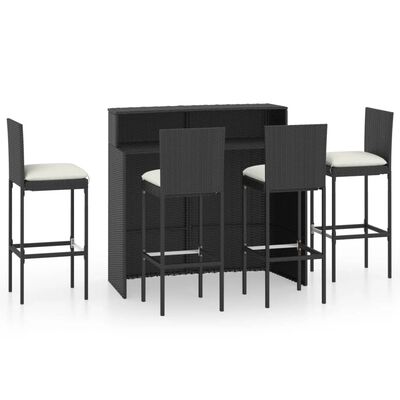 vidaXL Juego de muebles de bar de jardín de 5 piezas y cojines negro