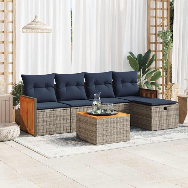 vidaXL Set de muebles de jard&iacute;n 6 pzas y cojines rat&aacute;n sint&eacute;tico gris
