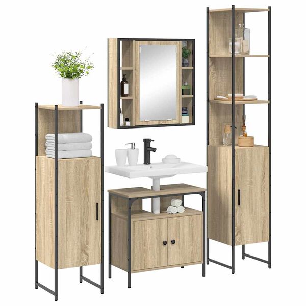 vidaXL Juego de muebles de ba&ntilde;o con estante 4 pcs Roble Sonoma