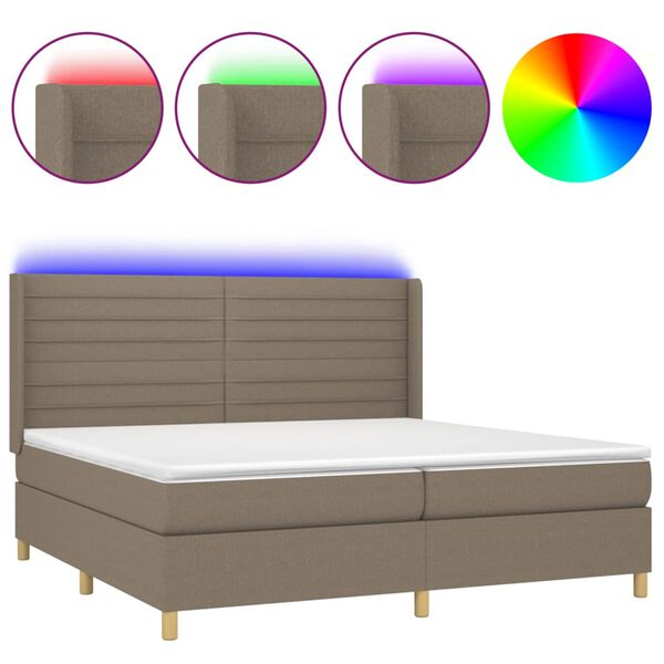vidaXL Cama box spring colch&oacute;n y luces LED tela gris taupe 200x200 cm