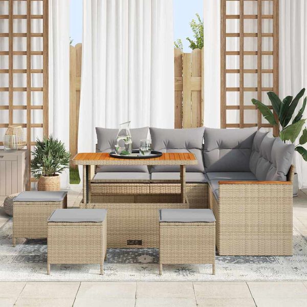 vidaXL Conjunto de sof&aacute;s de jard&iacute;n 9 pcs Beige rat&aacute;n sint&eacute;tico